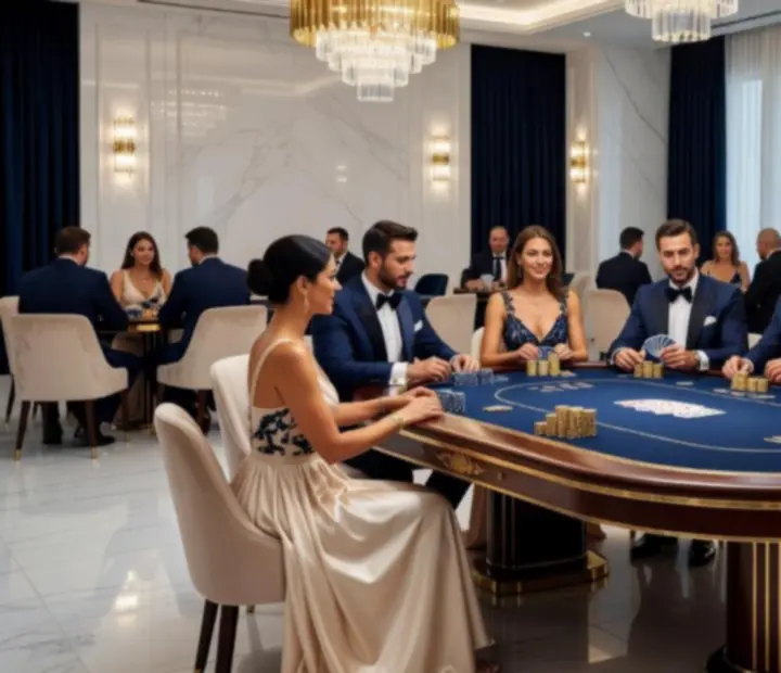 Atmosfera elegante con luci soffuse e tavolo da poker scenografico durante un evento.