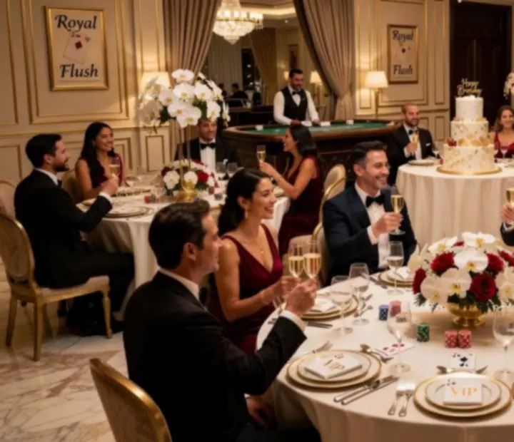 Festa VIP privata con ospiti eleganti che brindano vicino a un tavolo da gioco scenografico.