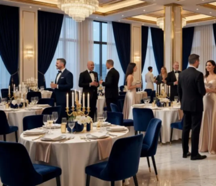 Allestimento elegante per eventi a tema con tavoli da gioco scenografici.