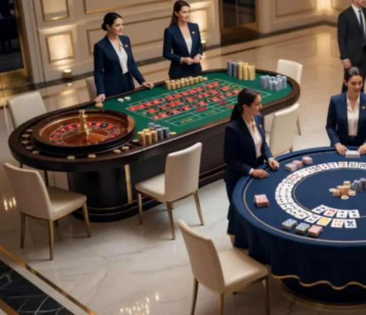 Panoramica di un evento aziendale con area lounge e tavoli tematici in stile casin&ograve;